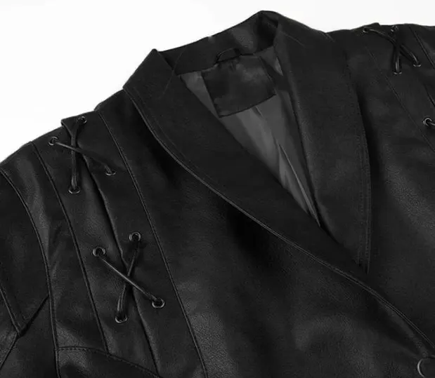 Lace-Up Shoulder Faux Leather Jacket with Belt
